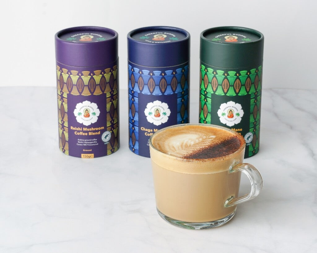 Mushroom Coffee Range and Cup of Coffee