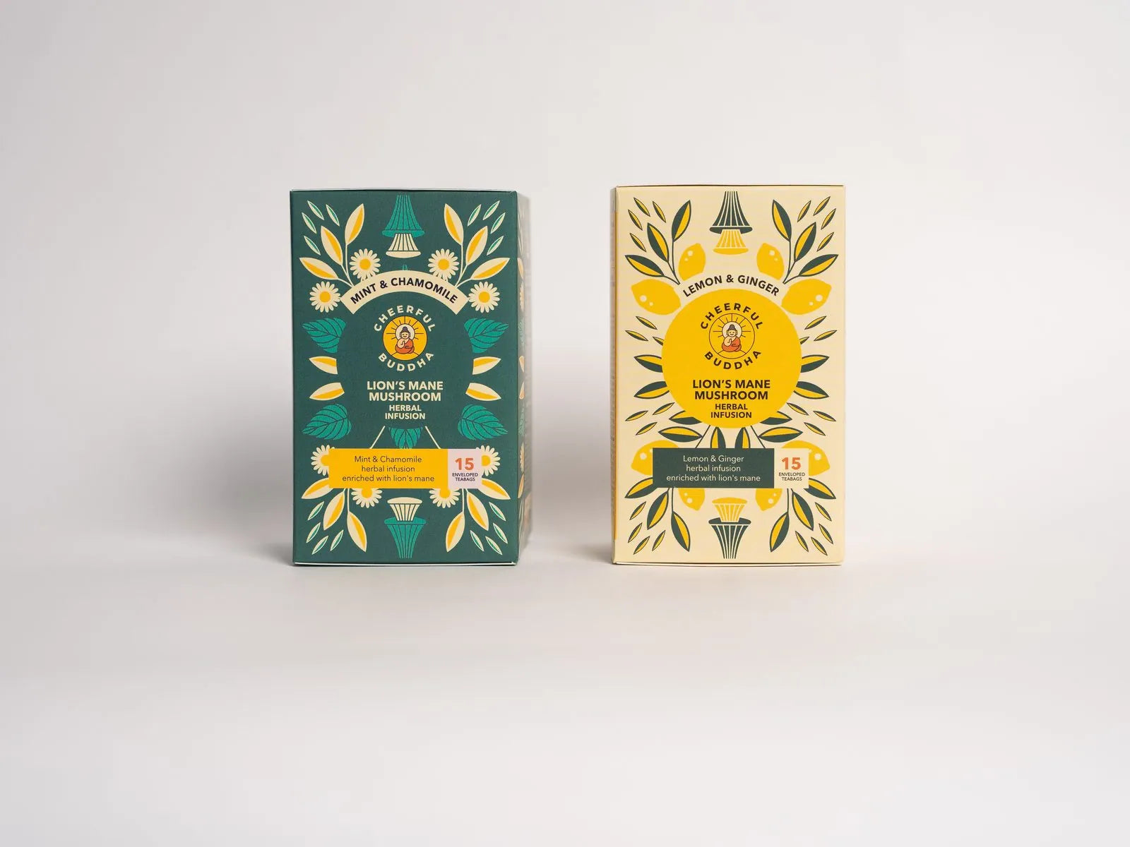 Lion's Mane Mint and Chamomile and Lemon and Ginger mushroom tea boxes