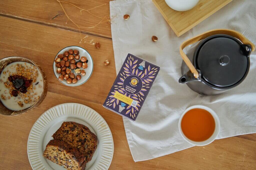 a table with the lion's mane mushroom tea blend 