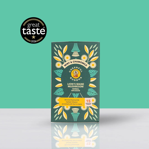 Box of Cheerful Buddha Lion's Mane Mushroom Herbal Infusion, Mint & Chamomile, on a teal background