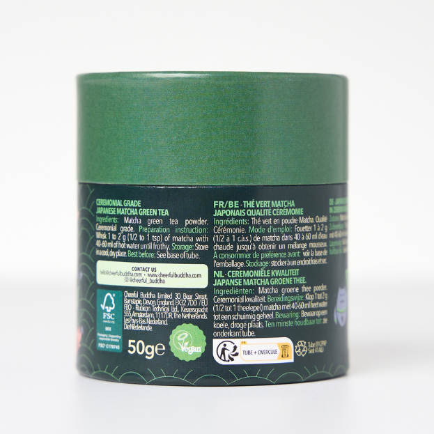 Back of the Ceremonial Grade Matcha 50g tube: ingredients and how to prepare it