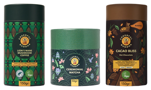 Lion's Mane Coffee, Ceremonial Grade Matcha and Cacao Bliss tubes