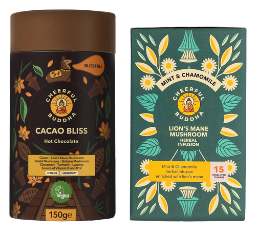 Cacao Bliss tube and Mint & Chamomile tea box