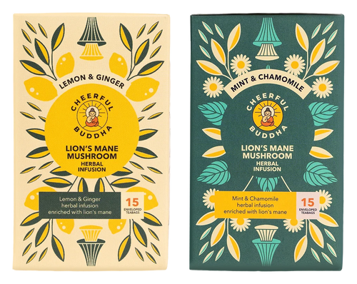 Lion's Mane Lemon & Ginger and Mint & Chamomile tea boxes