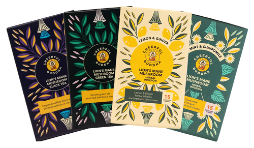 Lion's Mane Black, Green, Lemon & Ginger and Mint & Chamomile tea boxes