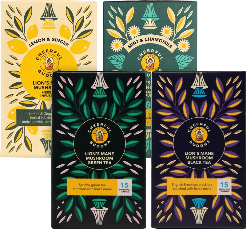 Lion's Mane Tea Box: Lemon & Ginger, Mint & Chamomile, Green and English Breakfast tea boxes