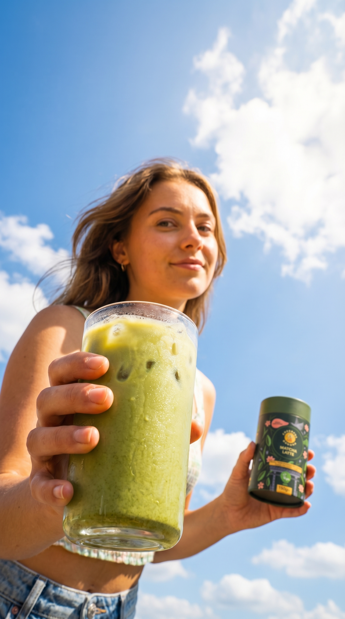 Woman hand holding a tube of Matcha Latte with a smile