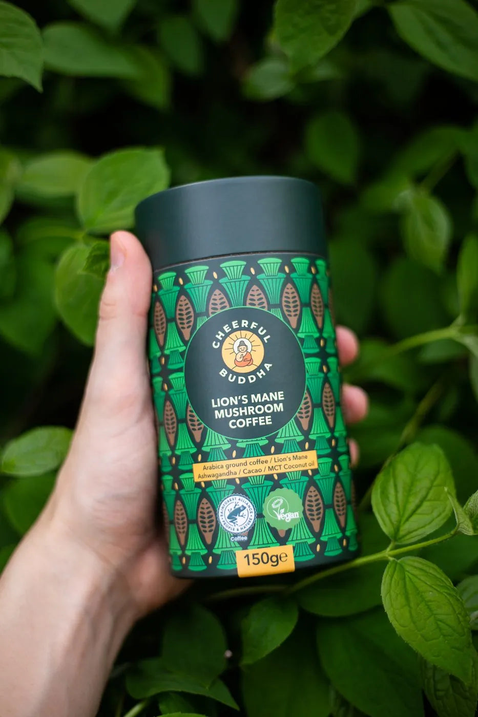 Hand holding a tube of Lion's Mane Mushroom Coffee among fresh green leaves