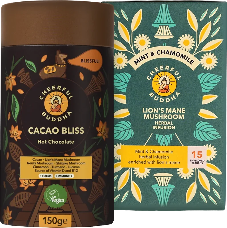 Cacao Bliss tube and Lion's Mane Mint & Chamomile tea box