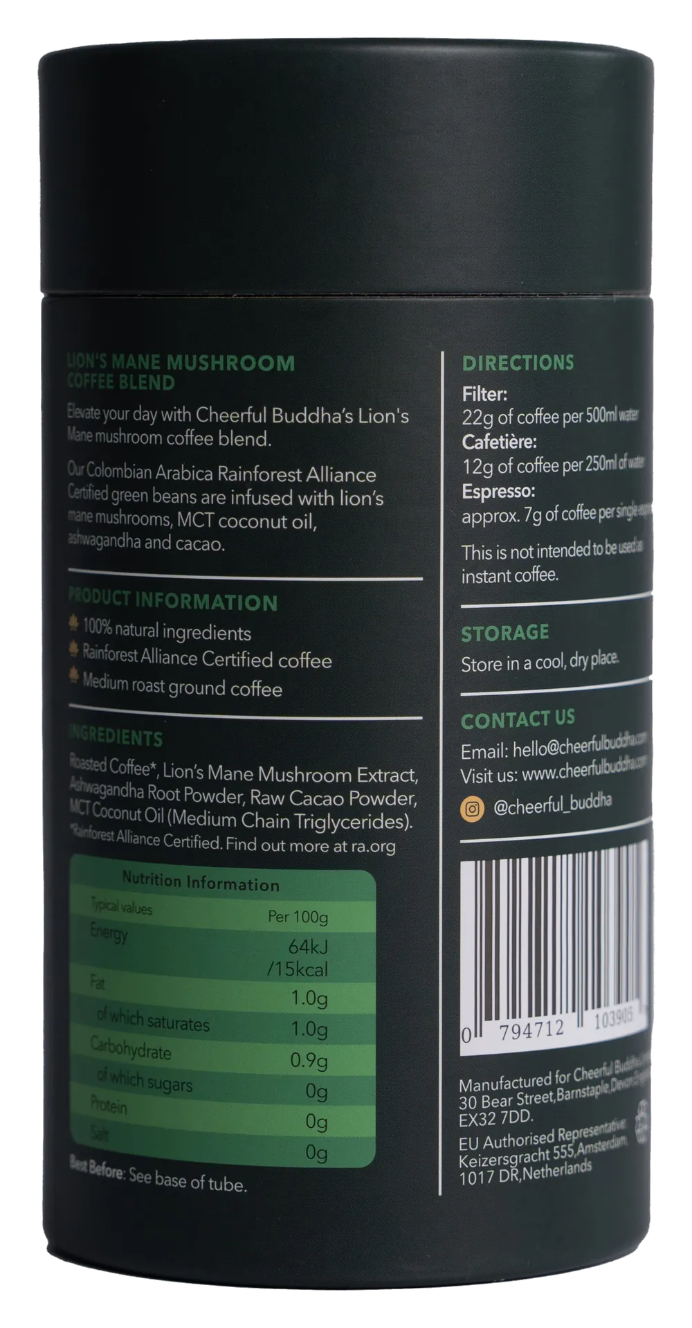 Back of the Lion's Mane Mushroom Coffee 150g tube: ingredients, nutrition information and directions