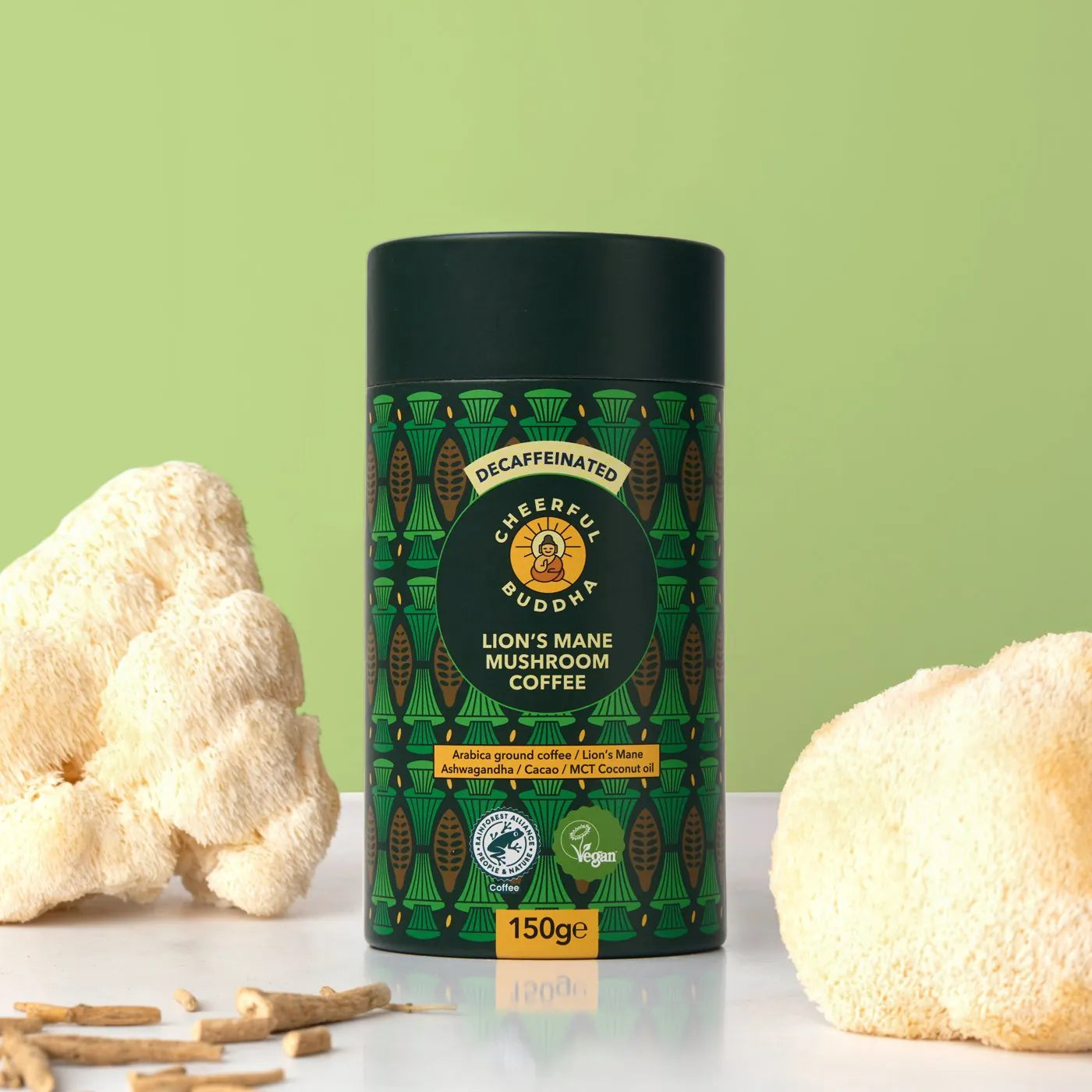 Lion's Mane Coffee Decaf tube with Lion's Mane mushrooms on a lime green background