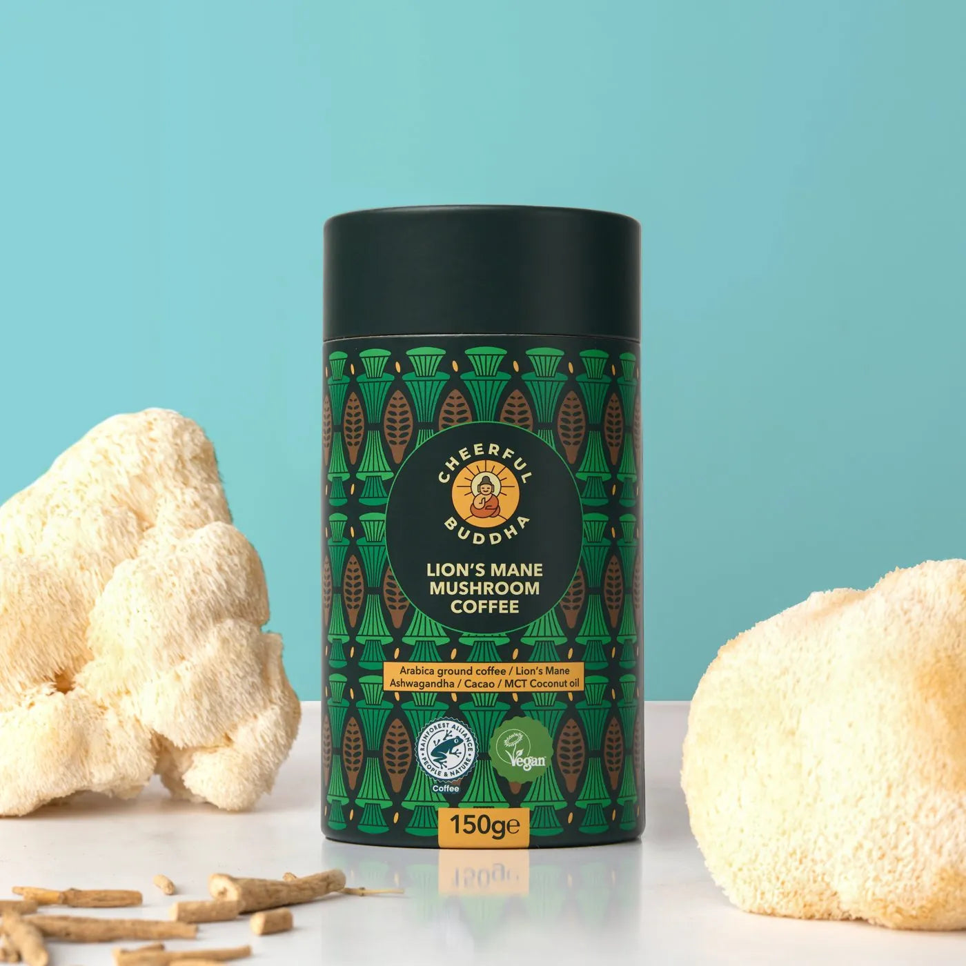 Lion's Mane Mushroom Coffee tube with Lion's Mane mushrooms on a teal background