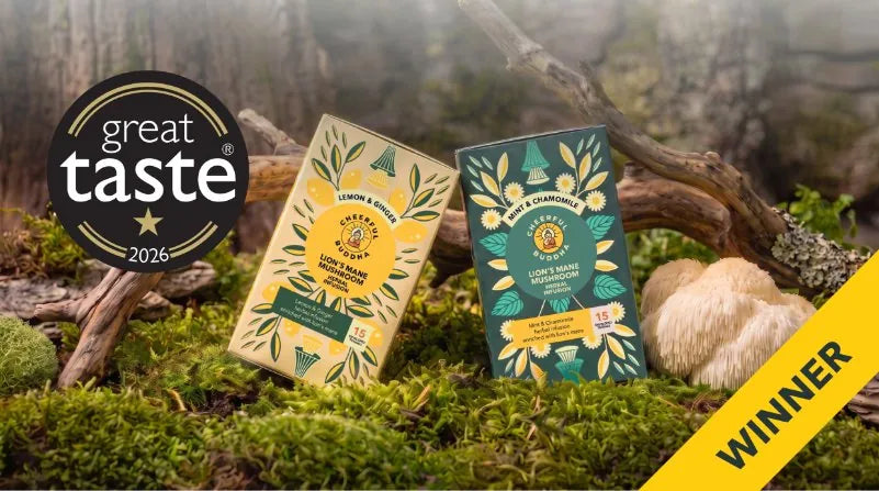 Great Taste 2026 award badge with Lion's Mane Lemon and Ginger and Mint and Chamomile teas on moss