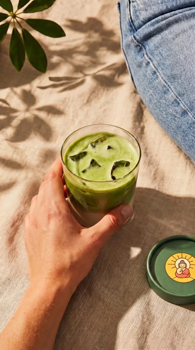 Hand holding an iced ceremonial matcha on a picnic blanket