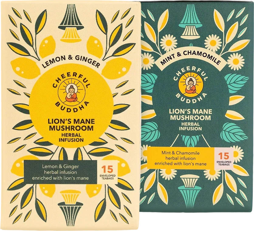 Lion's Mane Lemon & Ginger and Mint & Chamomile tea boxes