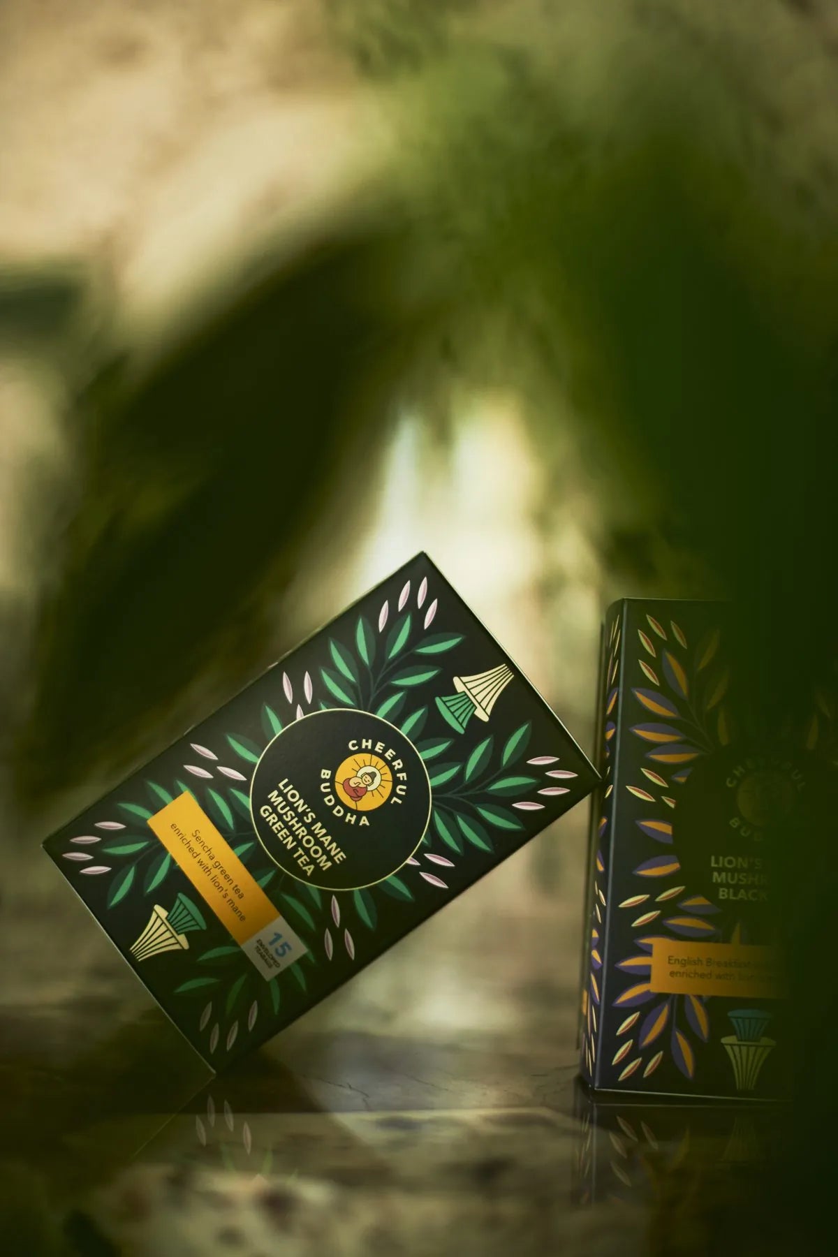 Lion's Mane Green Tea box in dappled sunlight through leaves