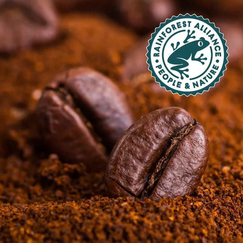Roasted Arabica coffee beans with the Rainforest Alliance seal