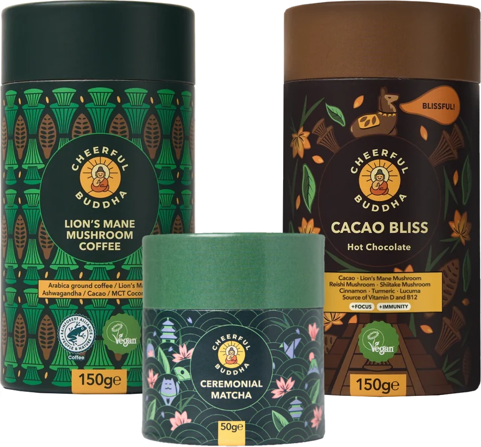 Lion's Mane Coffee, Cacao Bliss and Ceremonial Grade Matcha tubes
