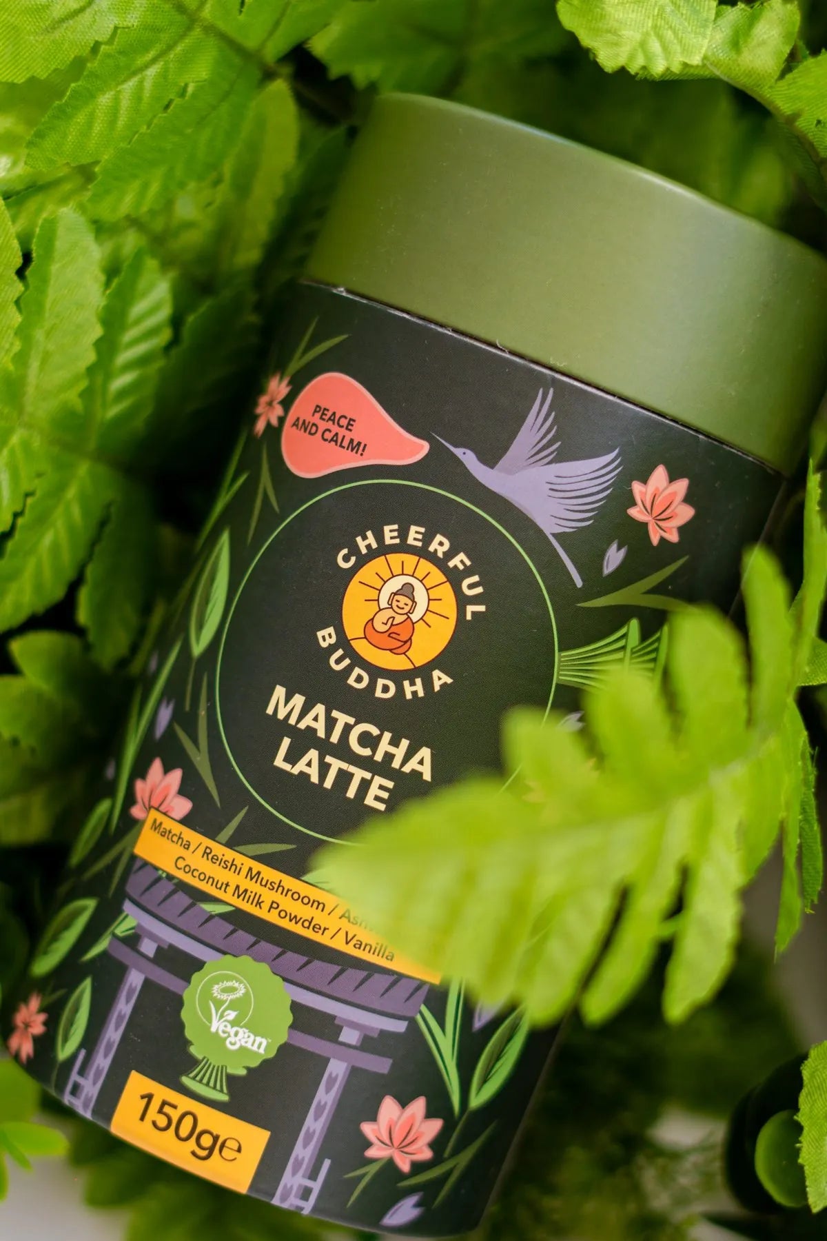 Matcha Latte tube among fresh green ferns